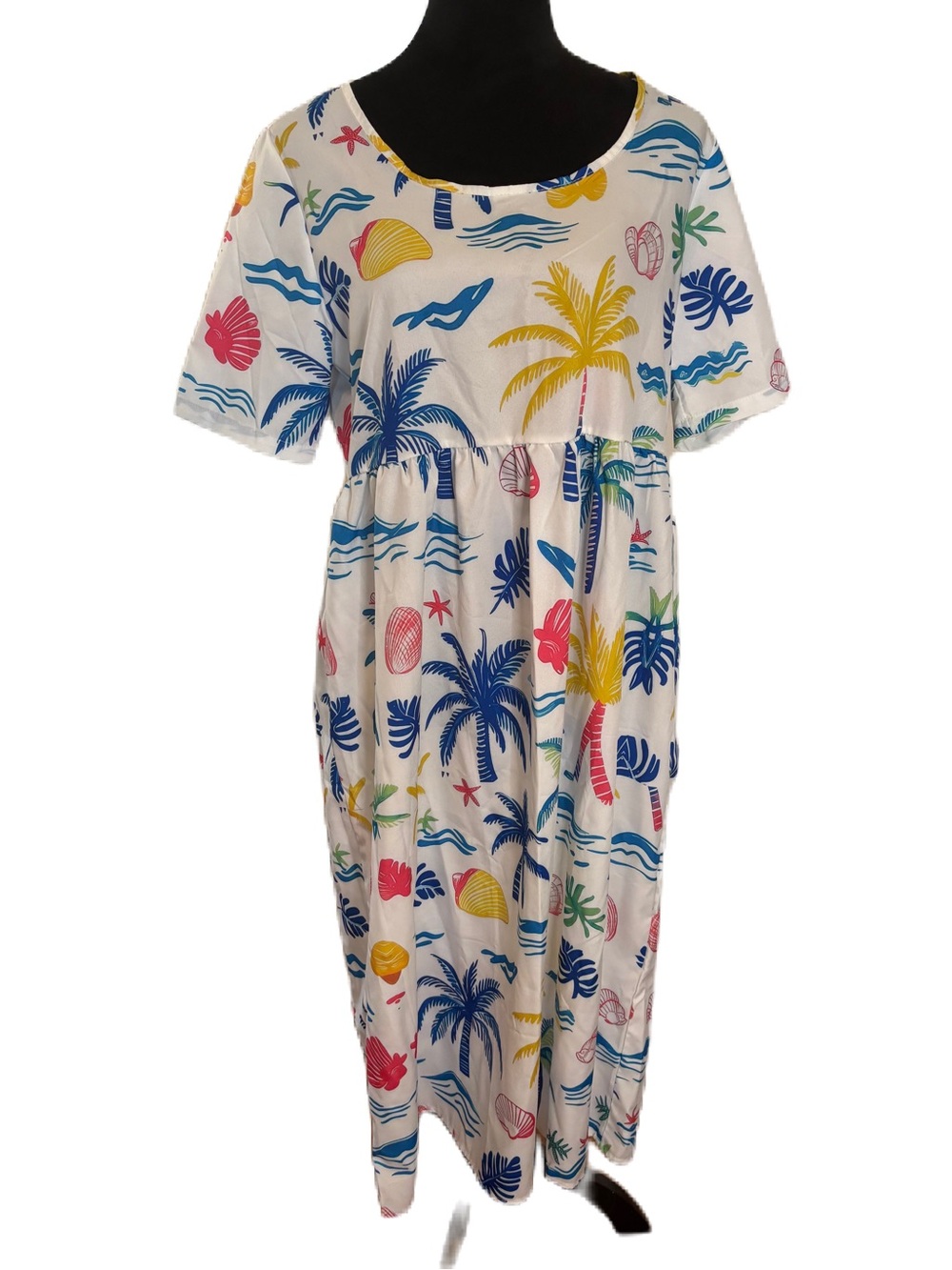 White Midi Dress with Tropical Palm & Seashell Print